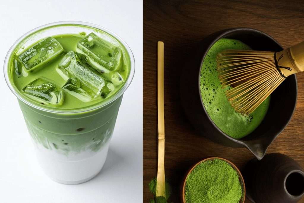 Image de comparaison entre le matcha cérémonial et le matcha latte