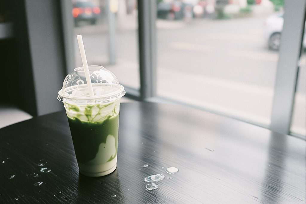 Matcha latte glacé dans un gobelet à emporter sur une table près de la vitrine d'un café